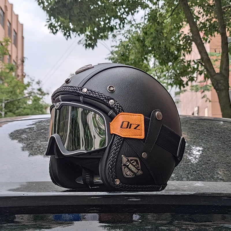 Retro Motorcycle Helmet PU Leather Open 3/4 Chopper Bicycle Helmet CapacetDOT Certification