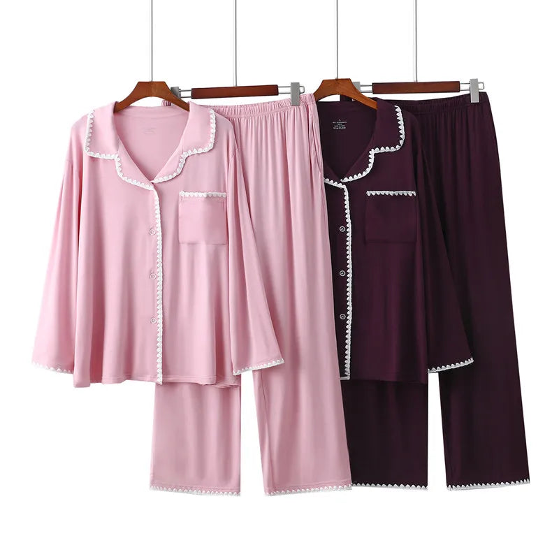 New Embroidery Modal Long Sleeved Spring Autumn Pajamas For Women Sleepwear Trousers Sets High Quality Women's Home Clothes