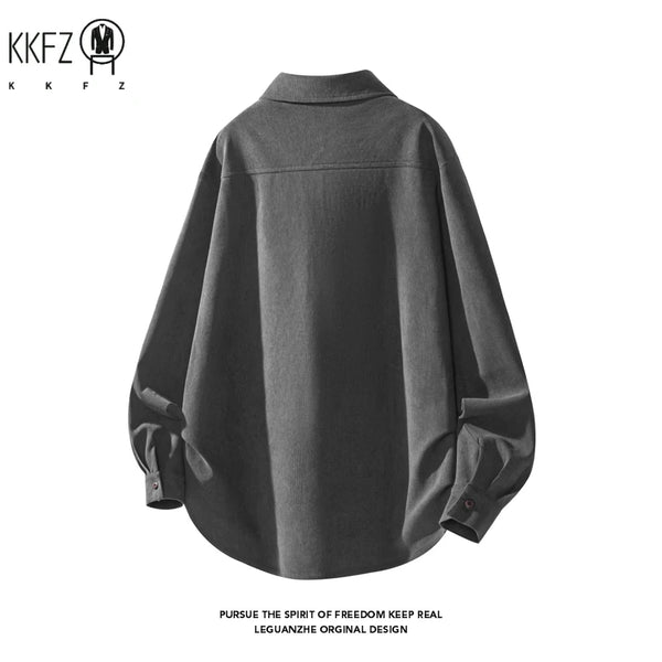 Men Minimalist Oversized Corduroy Top Lapel Collar Button Down Chest Pocket For Everyday Urban Casual Dressing