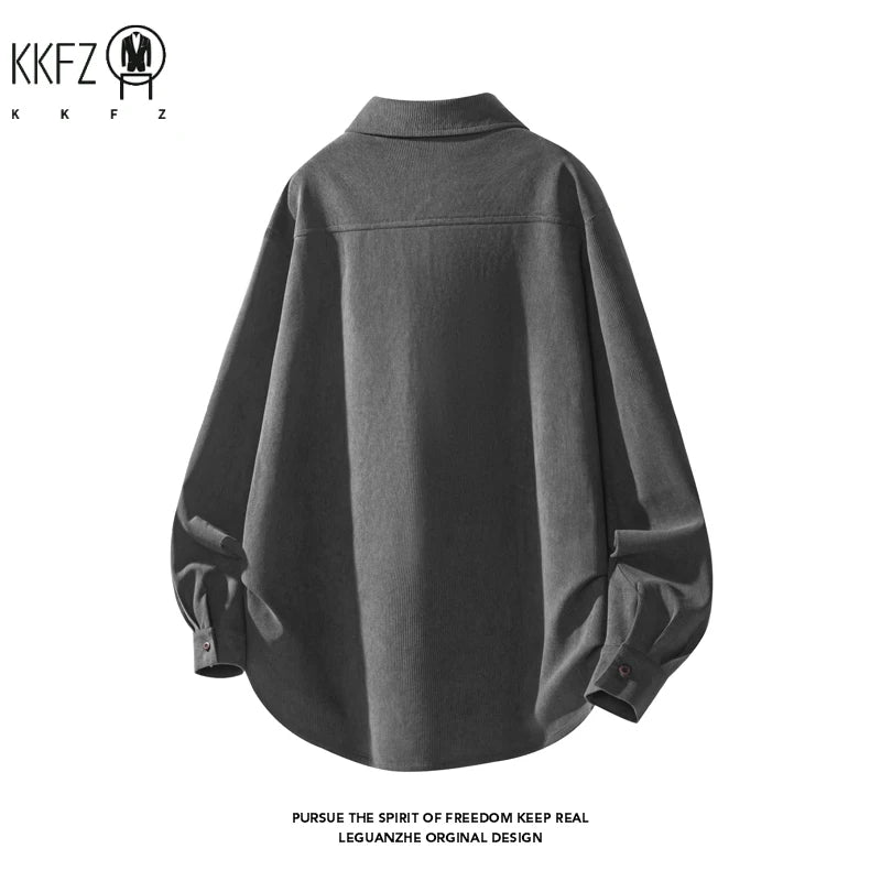 Men Minimalist Oversized Corduroy Top Lapel Collar Button Down Chest Pocket For Everyday Urban Casual Dressing