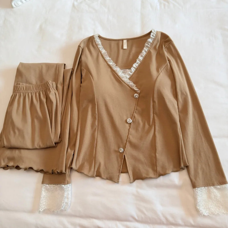 2 Piece Set Night Wear Female 2026 Spring Autumn Long Sleeve Sleeping Wear for Woman Sleepwear Pyjamas Pijama Soft Pajama Sets