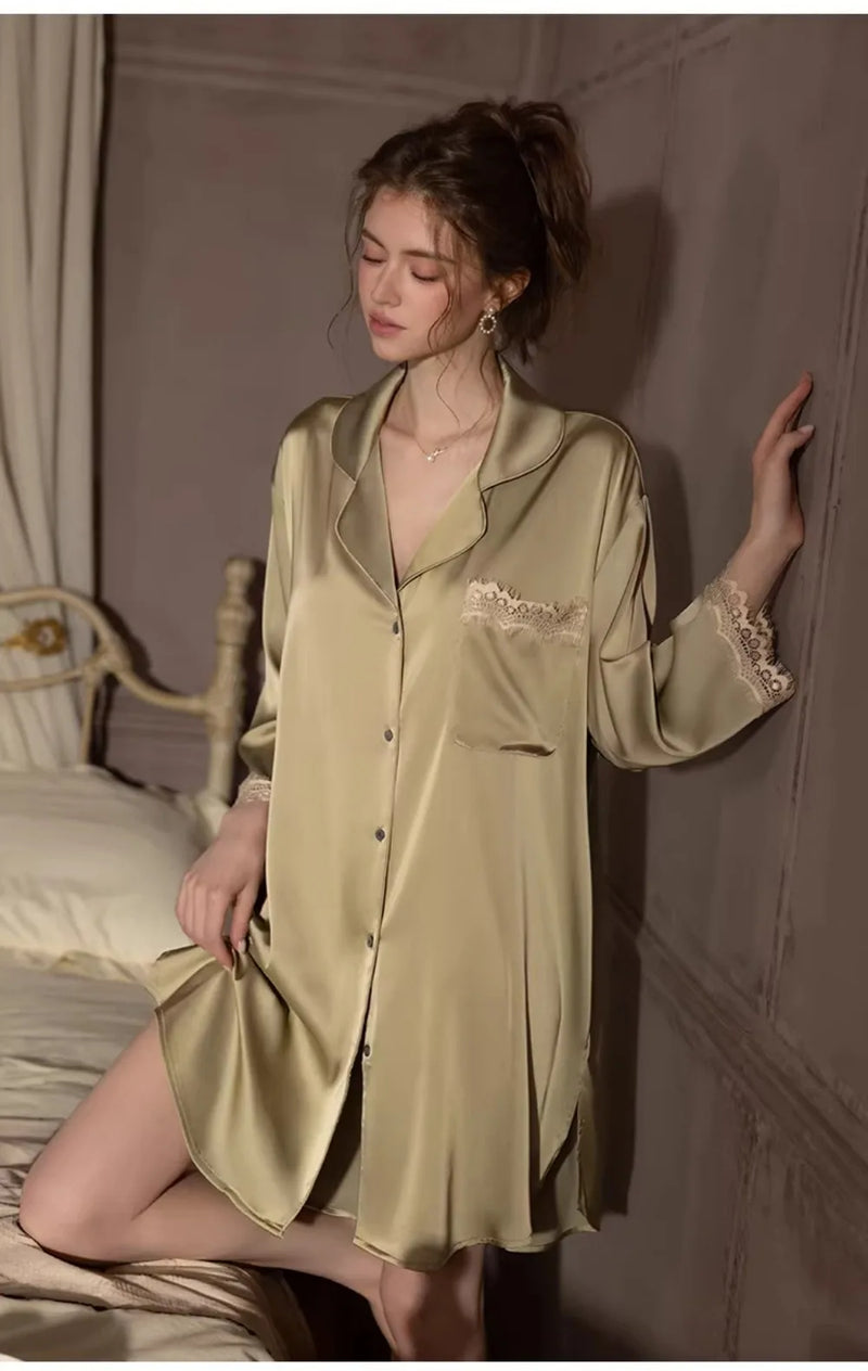 Ice Silk Women's Nightgown Summer Pajamas Dress New Lapel Night Wears for Females Sleeping Clothes Woman One Piece Homewear