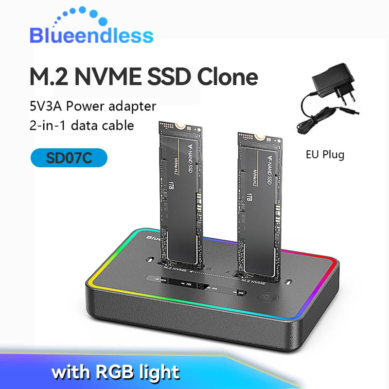 ស្ថានីយ៍ចតក្លូន SSD M.2 NVME ពីរជ្រុង Blueendless 20Gbps USB3.2 USB C ប្រភេទ C ឧបករណ៍ចម្លងក្លូនក្រៅបណ្តាញ NVme PCIE Enclosure
