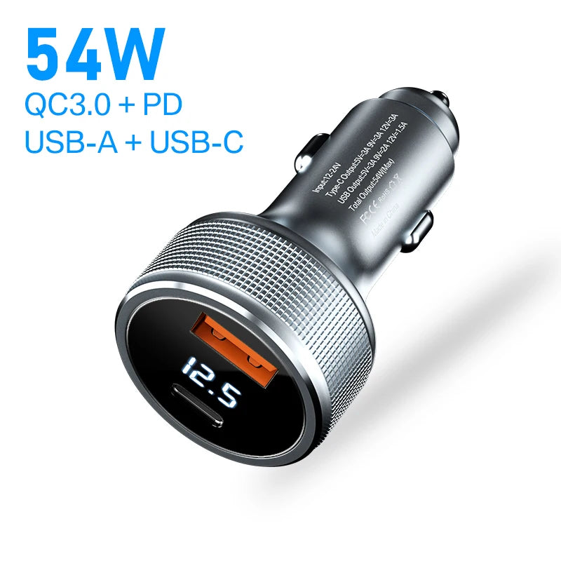 ឆ្នាំងសាករថយន្ត USB 54W Quick Charge 3.0 សាកថ្មលឿន Type C QC PD3.0 អាដាប់ទ័រឆ្នាំងសាកទូរស័ព្ទចល័តសម្រាប់ iPhone Xiaomi Samsung Huawei
