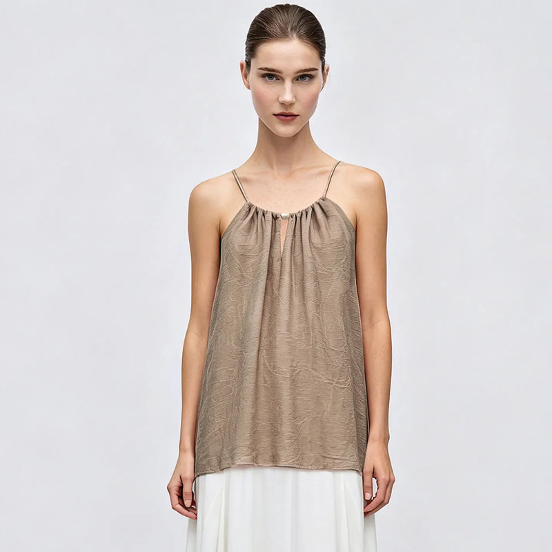 Amii Halter Tie Cami 2026 Summer New Linen Blend Jacquard Sleeveless Cami Breathable Loose Casual Tank Top For Women 12622200