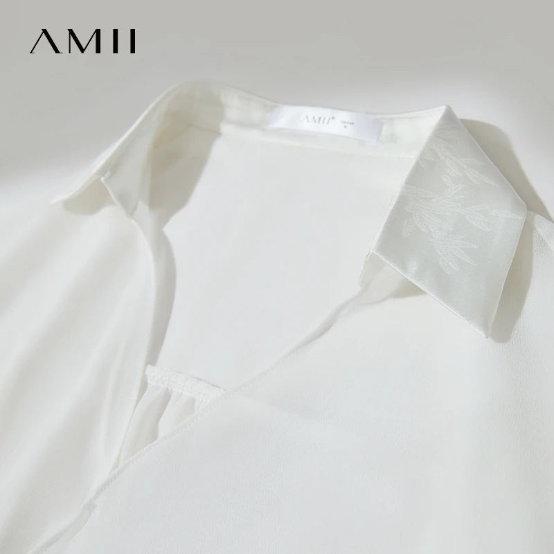 Amii Women 2026 Summer Chiffon Shirts Loose Solid V-neck Dropped Shoulder Long Sleeves Thin See Through Loose Blouse 12512024