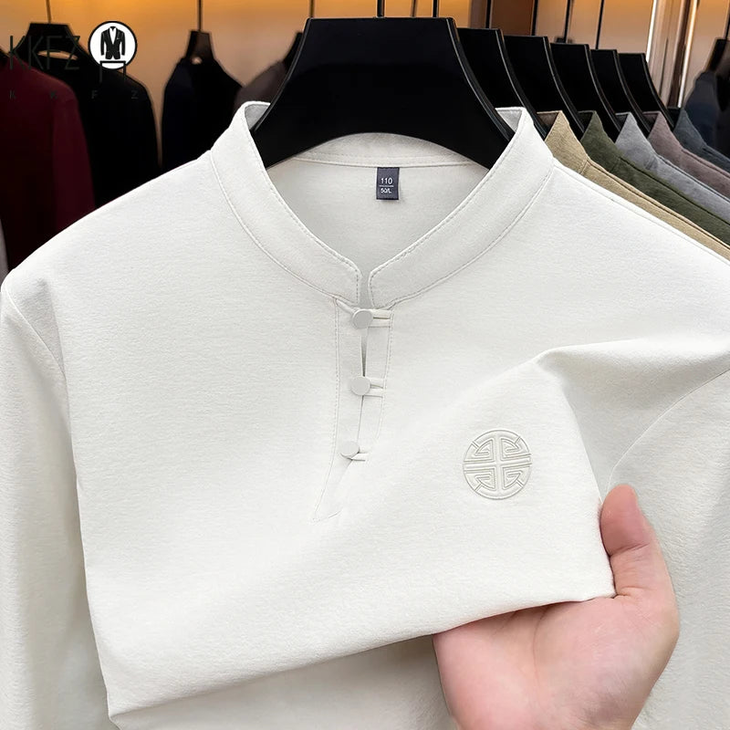 Men Long Sleeve Button Placket Tee Stand Collar Chest Embossed Detail Loose Fit Daily Office Leisure Wear Top