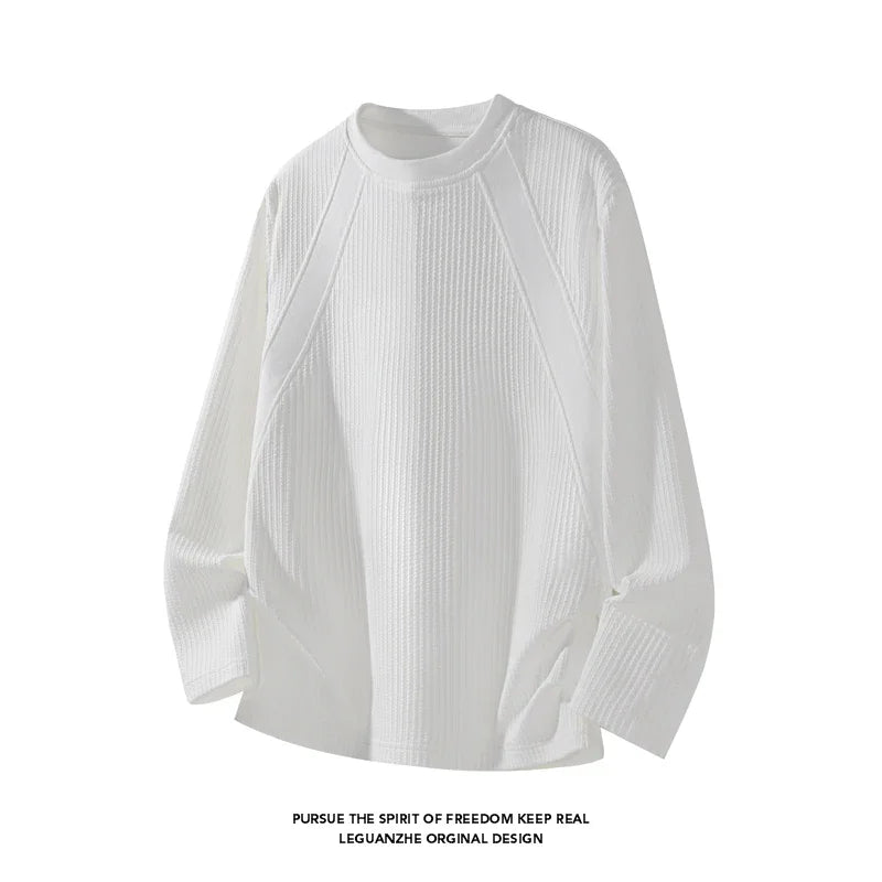 Mens Minimalist Crew Neck Sweater Long Sleeve Vertical Texture Knit Raglan Seam Soft Pullover For Daily Outfit