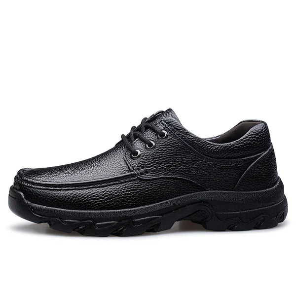 Men Black Genuine Leather Shoes Sturdy Hard Thick Rubber Sole Non‑Slip Casual Business Shoes Lace‑Up Durable Outdoor Work