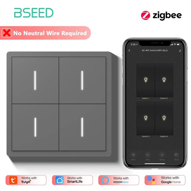 BSEED Zigbee Button Light Switch 1/2/3/4Gang Smart Wall Switch Tuya Smart Life Alexa Voice Control Plastic Frame No Neutral Line