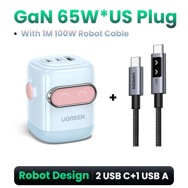 【US Plug】UGREEN 65W 30W GaN Charger Robot Design QC4.0 3.0 PPS for iPhone 18 17 16 Pro Macbook Laptops Tablet PD3.0 Fast Charg