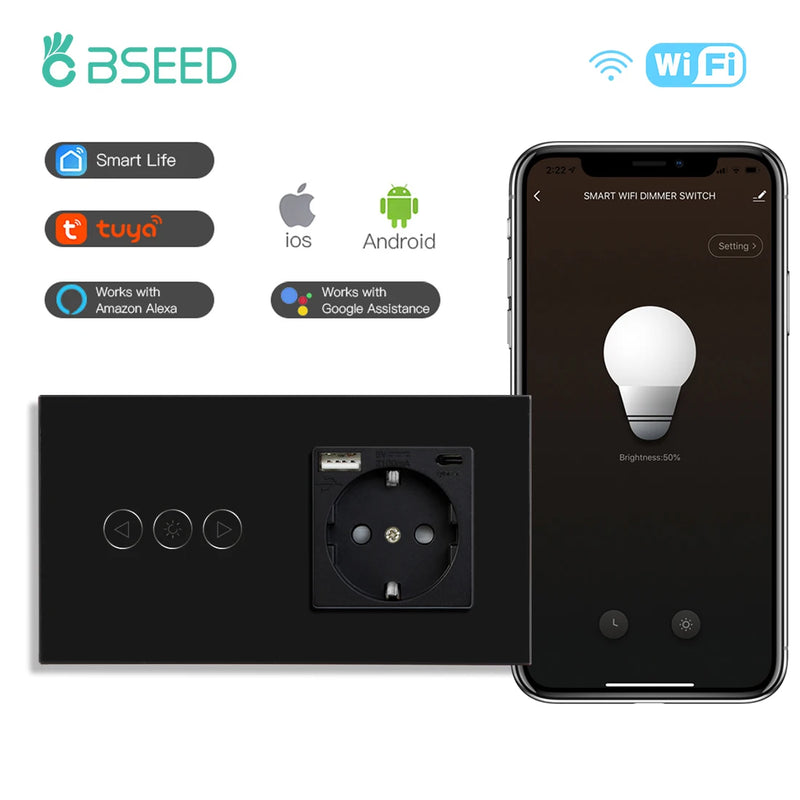 BSEED Wifi Dimmer Switch Smart Dimmable Touch Switch With EU Socket Glass Panel Support Tuya Smart Life Google Home Control