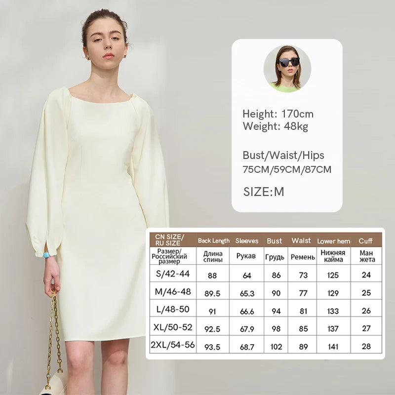 Amii Minimalist Womens Dresses 2026 Autumn New Round Neck Lantern Sleeve Solid Elegant Slim Thin Commute Dresses 12511008