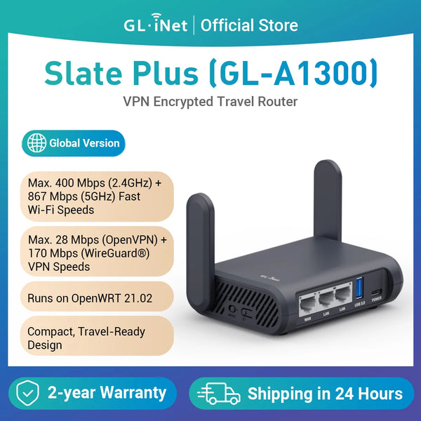 GL.iNet Slate Plus (GL-A1300) រ៉ោតទ័រធ្វើដំណើរឥតខ្សែ VPN ដែលបានអ៊ិនគ្រីប – ងាយស្រួលដំឡើង ភ្ជាប់ទៅ WiFi សណ្ឋាគារ និងវិបផតថល Captive