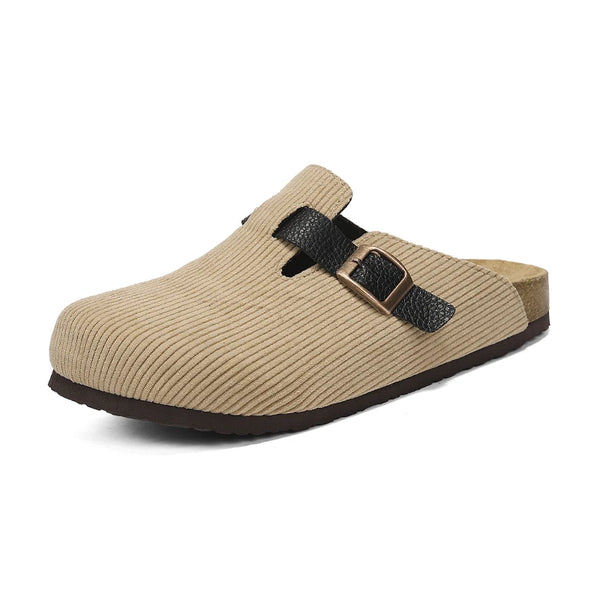Men Women Corduroy Clogs, Adjustable Buckle Cork Footbed Mules, Closed-Toe Comfort Slip-On Shoes for Indoor & Outdoor