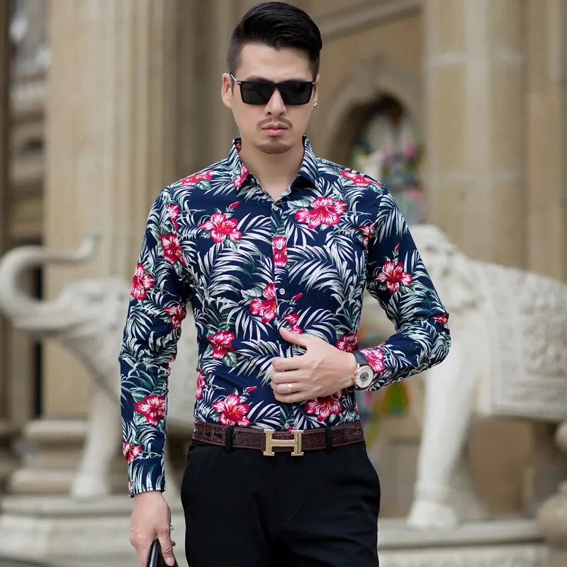 2026 Spring Men's White Long-Sleeve Printed Shirts, Blue Single-Button Collar Stretch Cotton Shirt, Asian Sizes M-5XL, 6XL, 7XL.