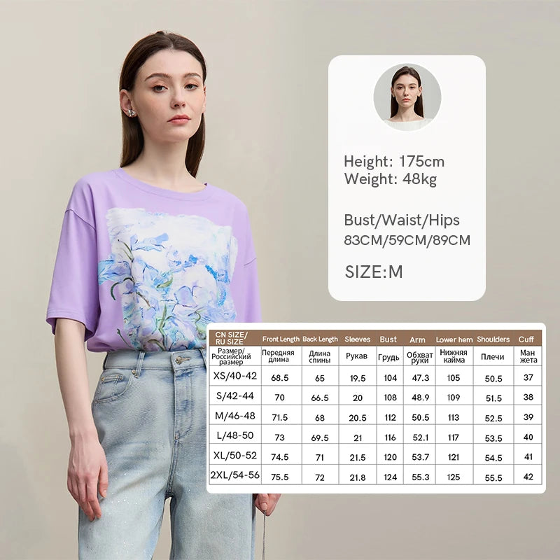 អាវយឺត Amii Minimalism សម្រាប់ស្ត្រី 2025 រដូវក្តៅថ្មី ដៃខ្លី កប្បាស មធ្យម សិល្បៈ គំនូរប្រេង បោះពុម្ព អាវធម្មតាសម្រាប់ស្ត្រី 12642221