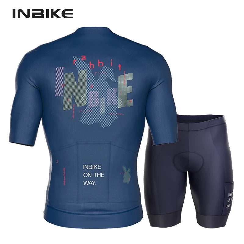 INBIKE Man MTB Cycling Jersey Set Breathable Road Bike Shirts Shorts Kit Bicycle Short Sleeve Cycling Clothing with Rear Pockets