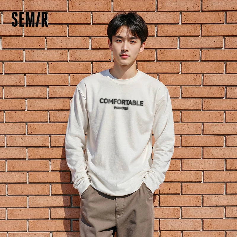 Semir Long Sleeve T-Shirt Men Autumn American Printed Base Layer 2025 New Versatile Slightly Loose White Inner Top Men'S Wear