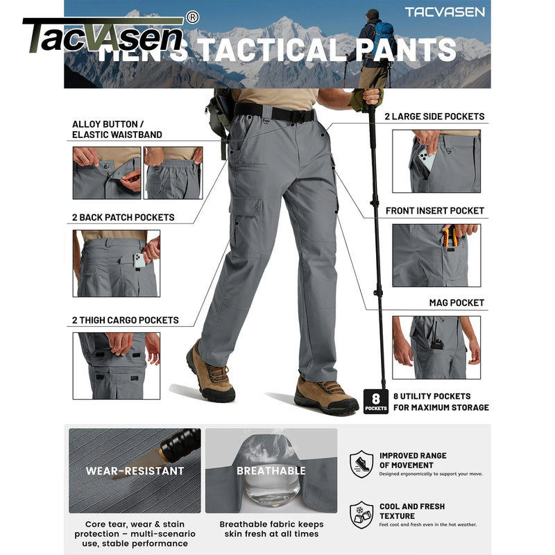 TACVASEN Mens Cargo Work Pants Hiking Tactical Waterproof Trousers Ripstop Breathable Stretch Pants with 8 Pockets(No Belt)