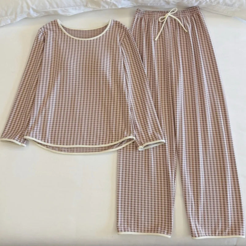 New Women's Pajamas Chest Pads Spring Autumn Sleepwear for Sleeping Pyjamas Long-Sleeve Top and Pants 2 Piece Loungewear Suit