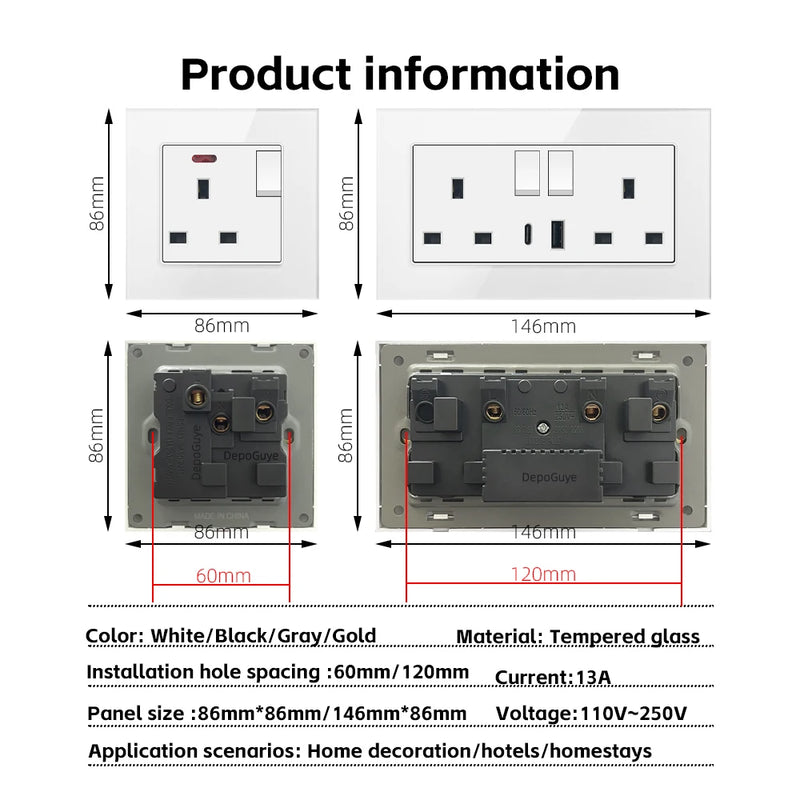UK Standard 18W Type-C Fast Charging Universal Dual 3pin Power Outlet,White Tempered glass Wall light Switch Panel  For Home