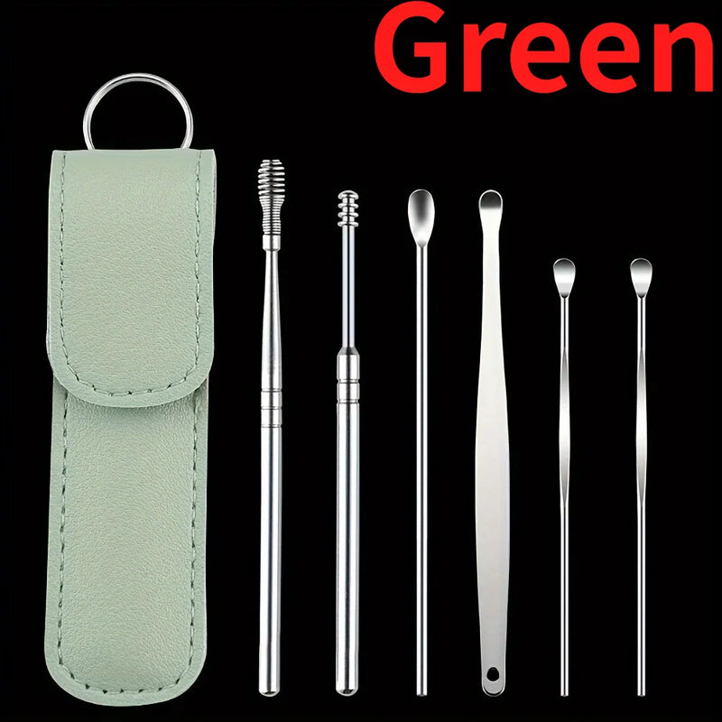 1set Ear Degreaser Tool, Stainless Steel 6 Piece Ear Cleaning Set,Spring Loaded Ear Scoop, Travel Portable Ear Wax Removal Set