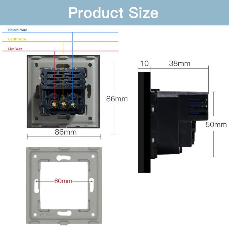 BSEED EU Standard Wall Power Sockets Type-C Interface Outlet USB Fast Charge Port 20W Glass Panel Kids Protection 16A