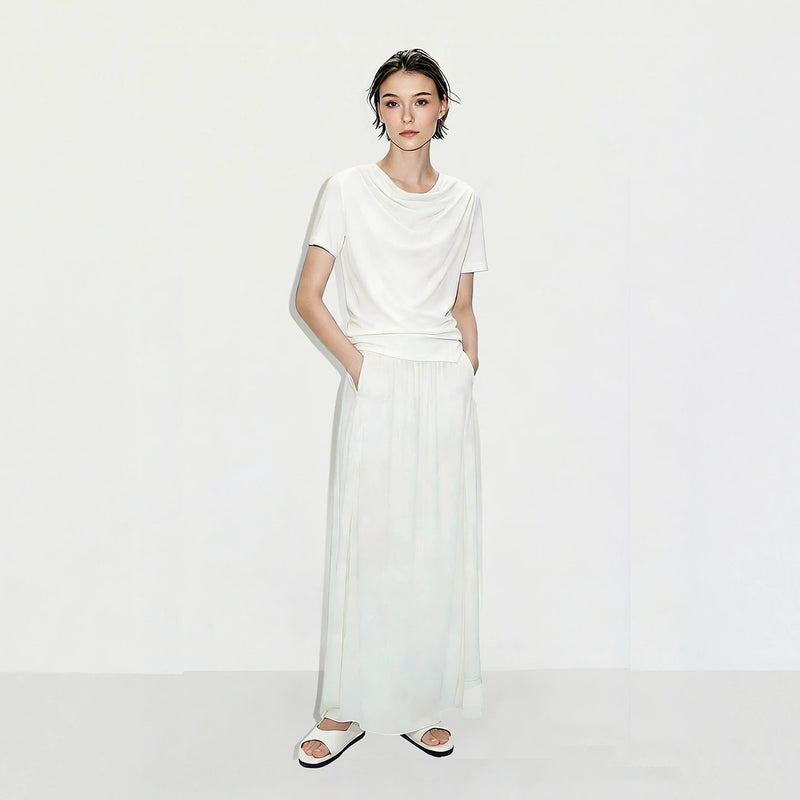 Amii Women's T-Shirt 2026 Summer New Cowl Neck Asymmetric Hem Shirred Tee Stretch Short Sleeve Casual Top For Women 12642069