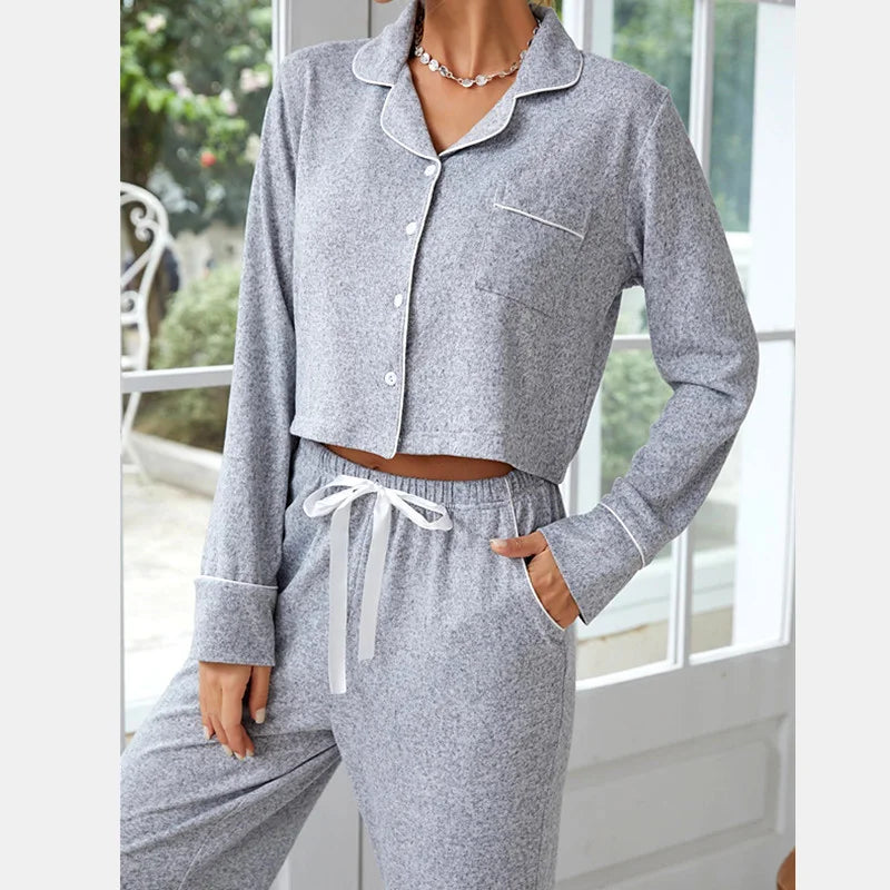 European Women's Sleepwear Suit Autumn Winter Long Sleeved Cardigan Pants Two-piece Set Home Pajamas Female Sleeping Clothes