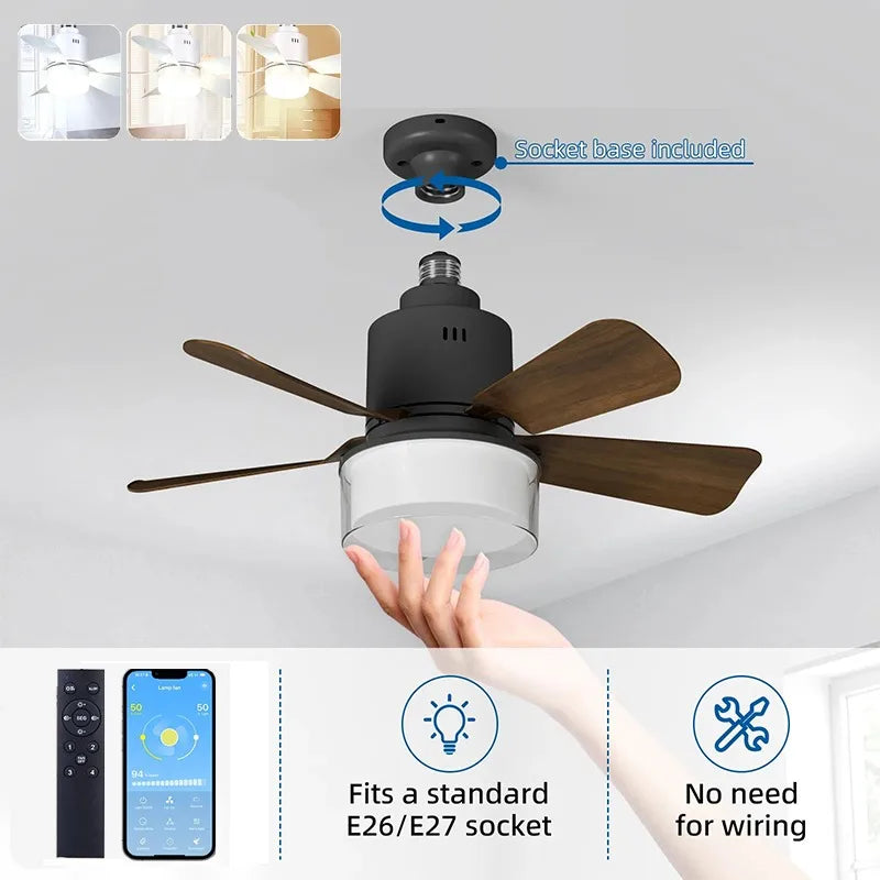 កង្ហារពិដានឆ្លាតវៃ E27 អំពូល LED APP បញ្ជាដោយប៊្លូធូស 3 ល្បឿន កង្ហារពិដានស្ងាត់ អាចបន្ថយពន្លឺបាន សម្រាប់ការតុបតែងបន្ទប់គេង