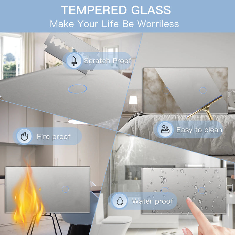 BSEED EU Double Wall Light Switches Touch Switch Wall Socket USB Type-C Charge Port Crystal Glass Panel Switch Blue Blacklight
