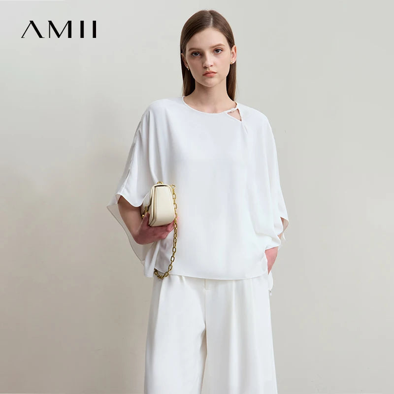 Amii Women's 2026 Summer Blouse Casual White Short Sleeve Hollow Chiffon Shirt Water Drop Office Lady Loose Tops 12552047
