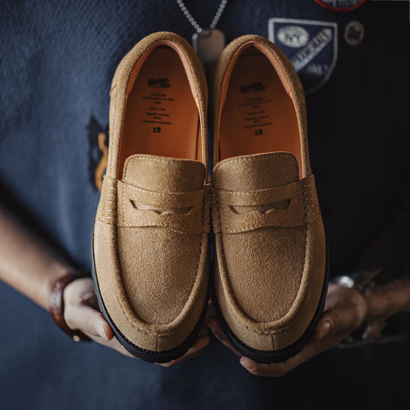 Maden Men's Vintage Brown Suede Cowhide Leather Penny Loafers Old Money Style Slip-On Shoes Dress Casual Low Top Boots for Fall
