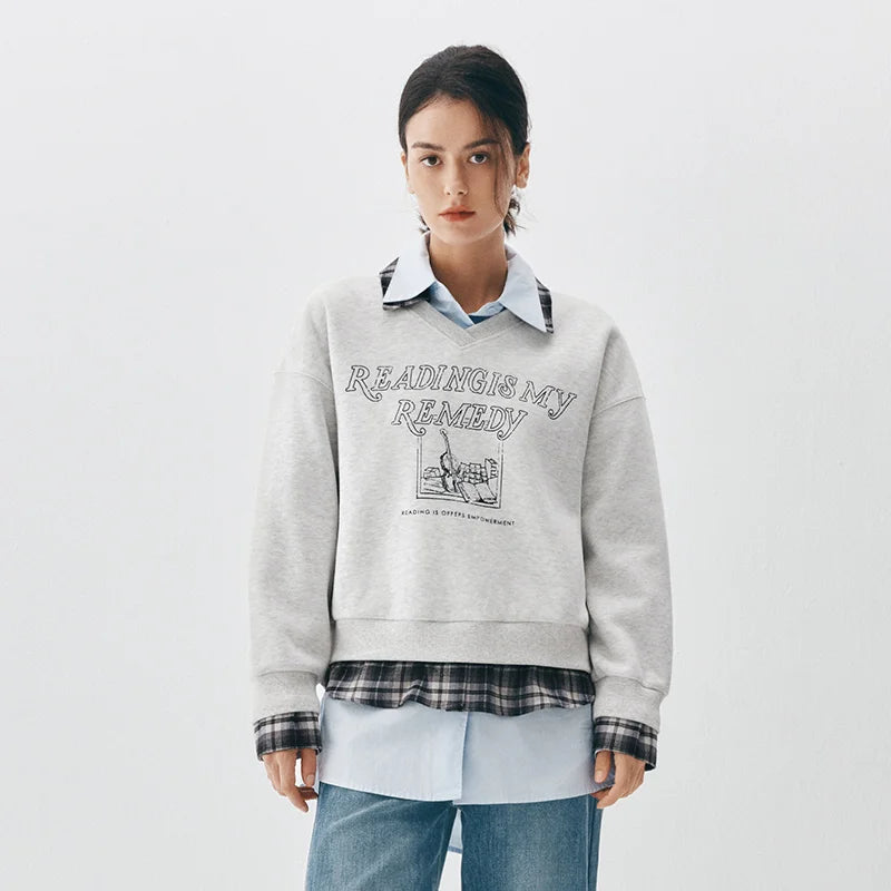 Semir Women Sweatshirt Fleece Lined Layered Look Turn Down Collar Retro Style 2026 Winter Warm Layer Everyday Wear