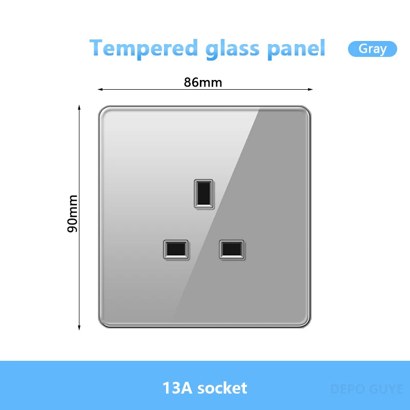 UK 13A Wall Tempered glass Socket Plug,British Standard Double 13A Wall Electrical Power Outlet Panel Black/White/Gray/Glod