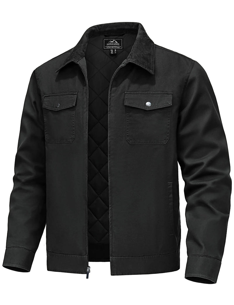 TACVASEN Quilted Cargo Jackets Lightweight Full Zip Corduroy Collar Jackets Cotton Casual Shacket Padded Coats with 5 Pockets