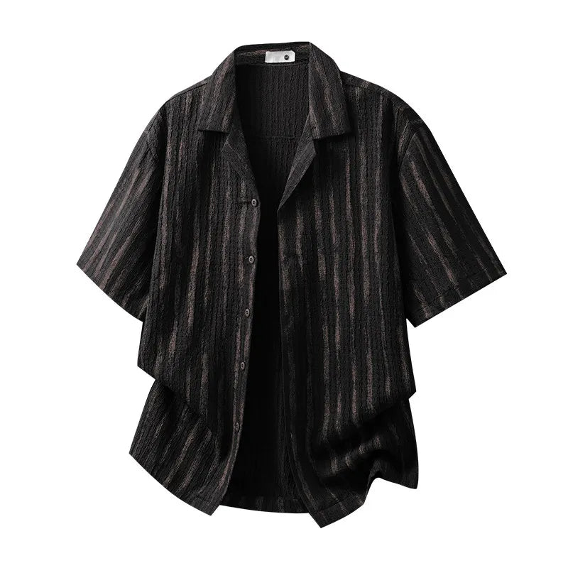 DUKEEN Men's Textured Striped Cuban Collar Shirt Old Money Style Short Sleeve Camp Collar Casual Beach Vacation Shirt