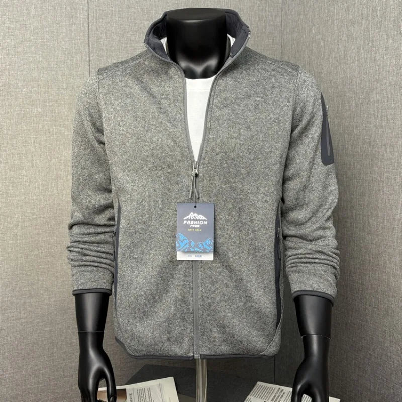 Outdoor Thermal Jacket - 3D Tailored Knit Cardigan with Fleece-Lined Windproof Stand Collar, Reversible Dual-Purpose Wear