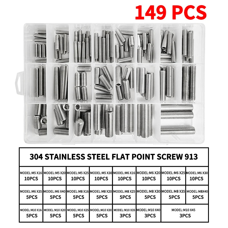 M3-M10 DIN913 Black Steel 304 Stainless Steel Hex Hexagon Socket Allen Flat Point Set Screw Grub Bolt Assortment Kit