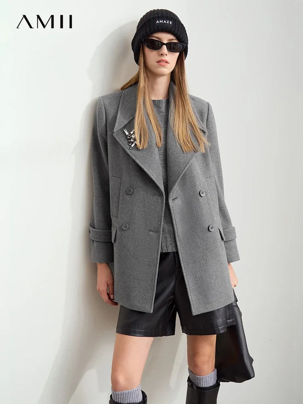 Amii Minimalist 2026 Winter Women Clothing Lapel Shoulder Pads Woolen Jackets Embroidery Loose Double-breasted Coat 12424083