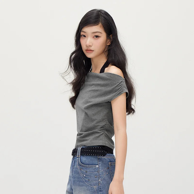 Semir Women Tshirt Short Length Halter Neck Draped Collar Fake Two Piece Slim Fit Stylish 2026 Summer Fashion Casual Top