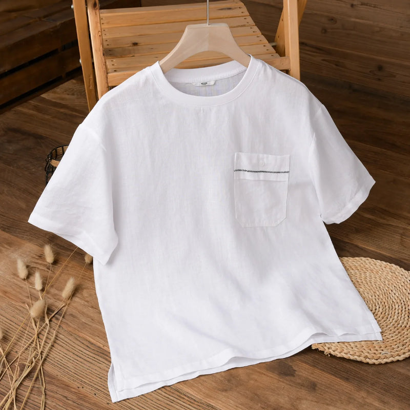 Linen Blend Short Sleeve T-Shirt – Loose Fit Crewneck with Chest Pocket, Lightweight & Cooling for Summer