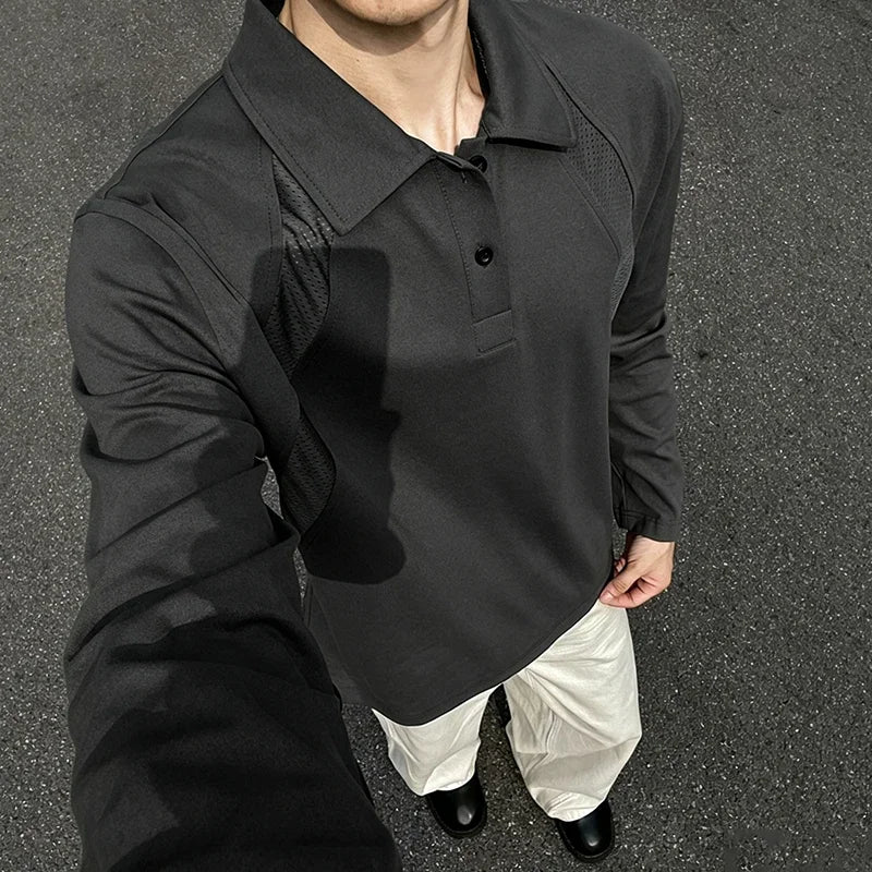 Mens Casual Polo Pullover Lapel Collar Long Sleeve Raglan Cut Button Front Loose Silhouette Mesh Spliced Fabric Daily Outfit