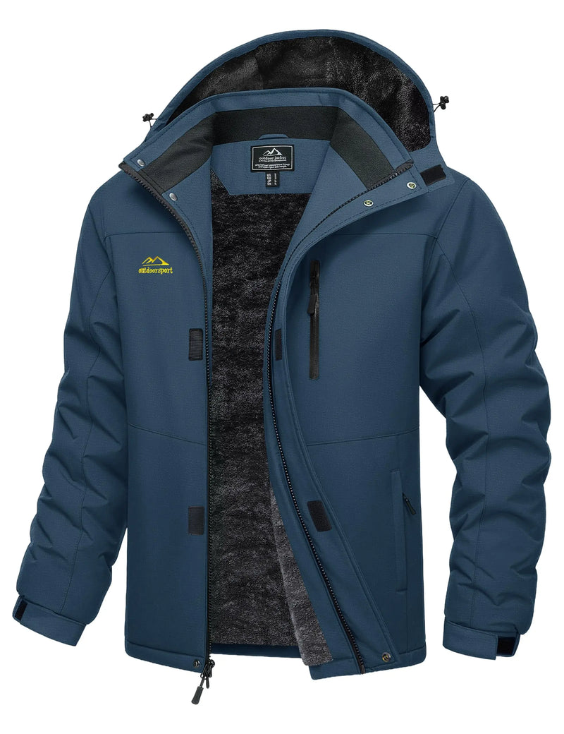 TACVASEN Mens Ski Jacket Waterproof Fleece Parka Coat Detached Hood Windproof Placket Outdoor Coat Winter Warm 5 Pocket RainCoat