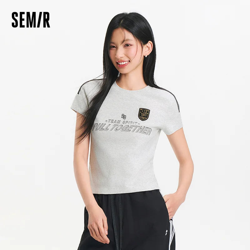 Semir Womens Tshirt 2026 Short Style Slim Printed Regular Shoulder Retro American Sports Style Casual