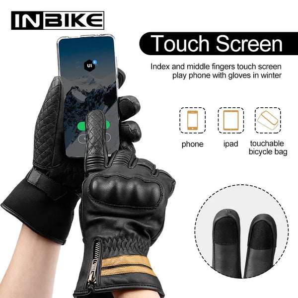 INBIKE Winter Motorcycle Gloves Man Full Finger Thermal Touch Screen Windproof Sheepskin Leather Padded Motorbike Gloves for Men