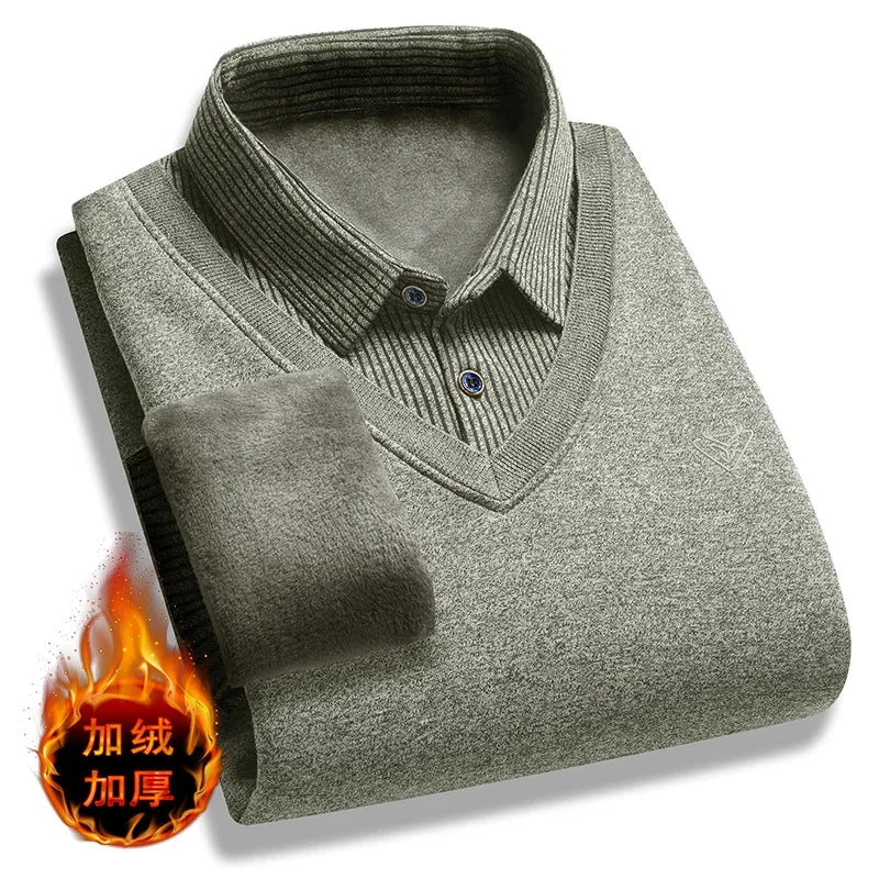 Cold Weather Mens Fake Waistcoat Sweater Soft Fleece Lining Vertical Striped Long Sleeve Collared Knit Workplace Inner Shirt