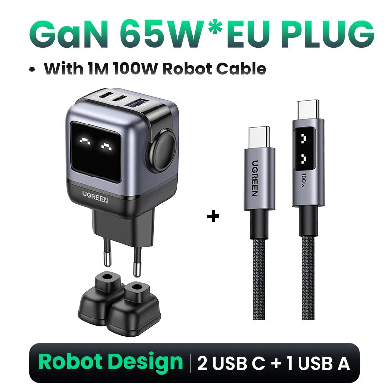 UGREEN 65W GaN Charger Uno Robot Design Quick Charge 4.0 3.0 PPS for iPhone 18 17 Pro Macbook Air Laptop Tablet PD Fast Charger
