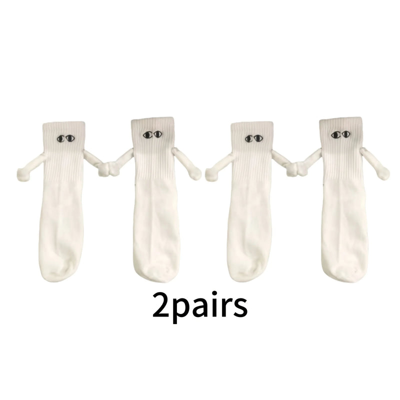 1/2Pairs Couple's Magnetic Toe Link Socks - Playful Cartoon Face Design, Matching Couples Novelty Socks, Fun Fashion Accessory